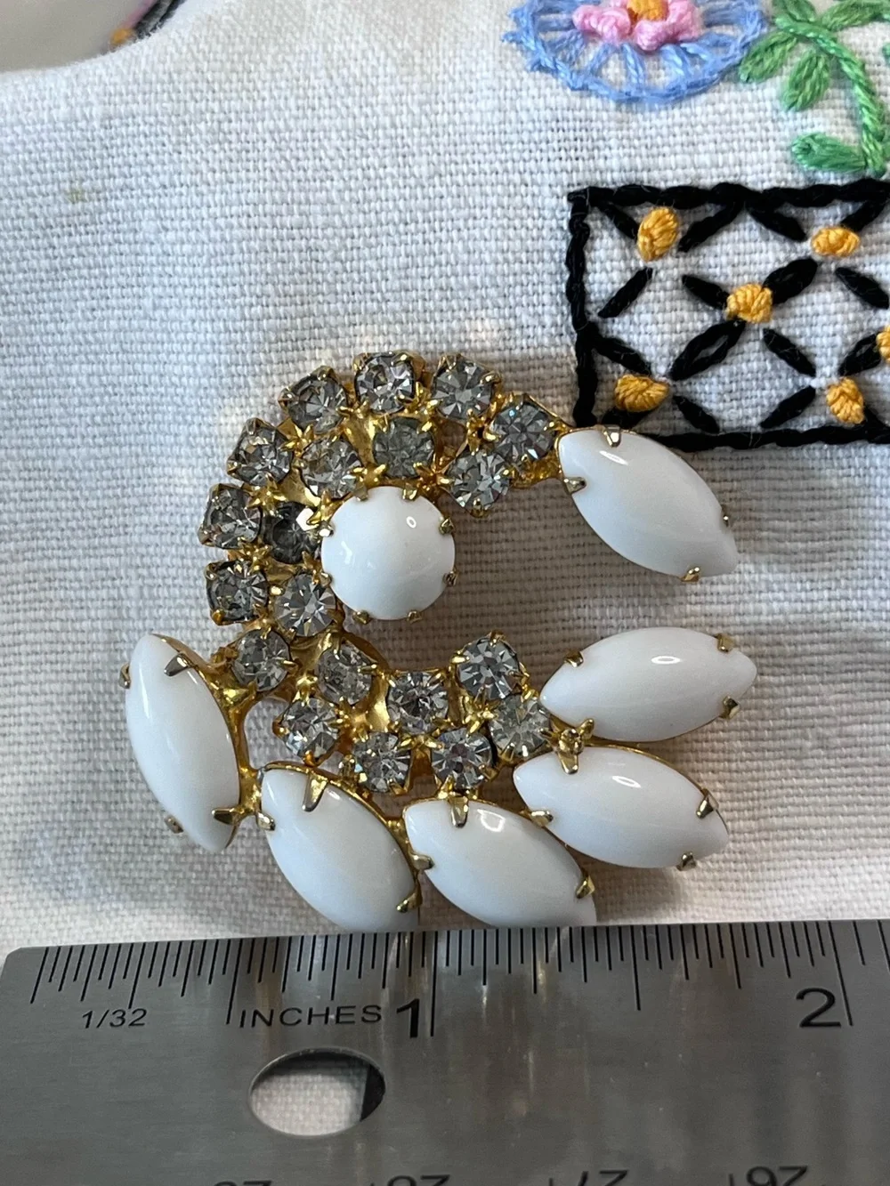 Vintage Milk Glass Rhinestone Crescent Brooch White Gold Tone MCM